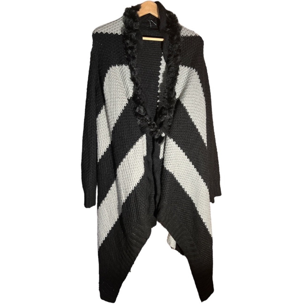 Lapis black and gray draped cardigan with black faux fur ball detailing,…